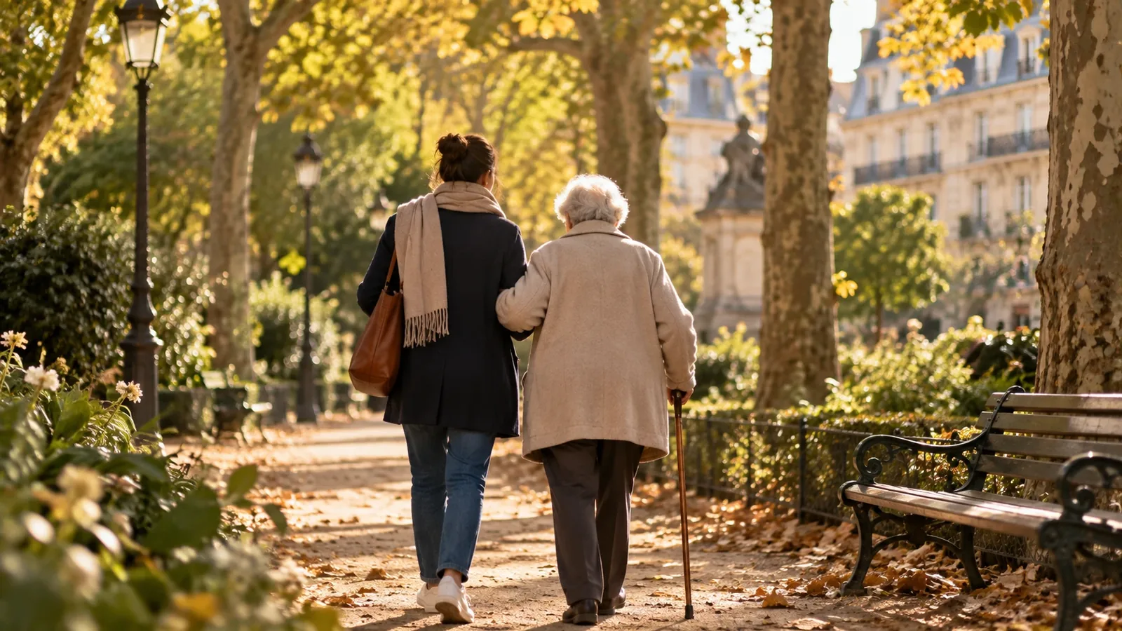 Personne âgée et sa proche marchant bras dessus bras dessous dans un parc parisien, vues de dos