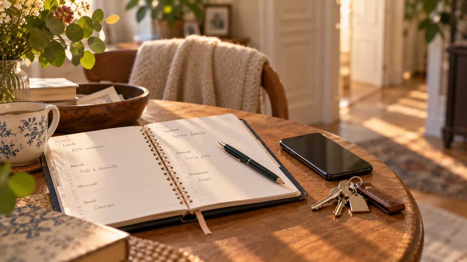 Agenda ouvert avec les rendez-vous de la semaine, téléphone et clés posés à côté Agenda ouvert avec les rendez-vous de la semaine, téléphone et clés posés à côté