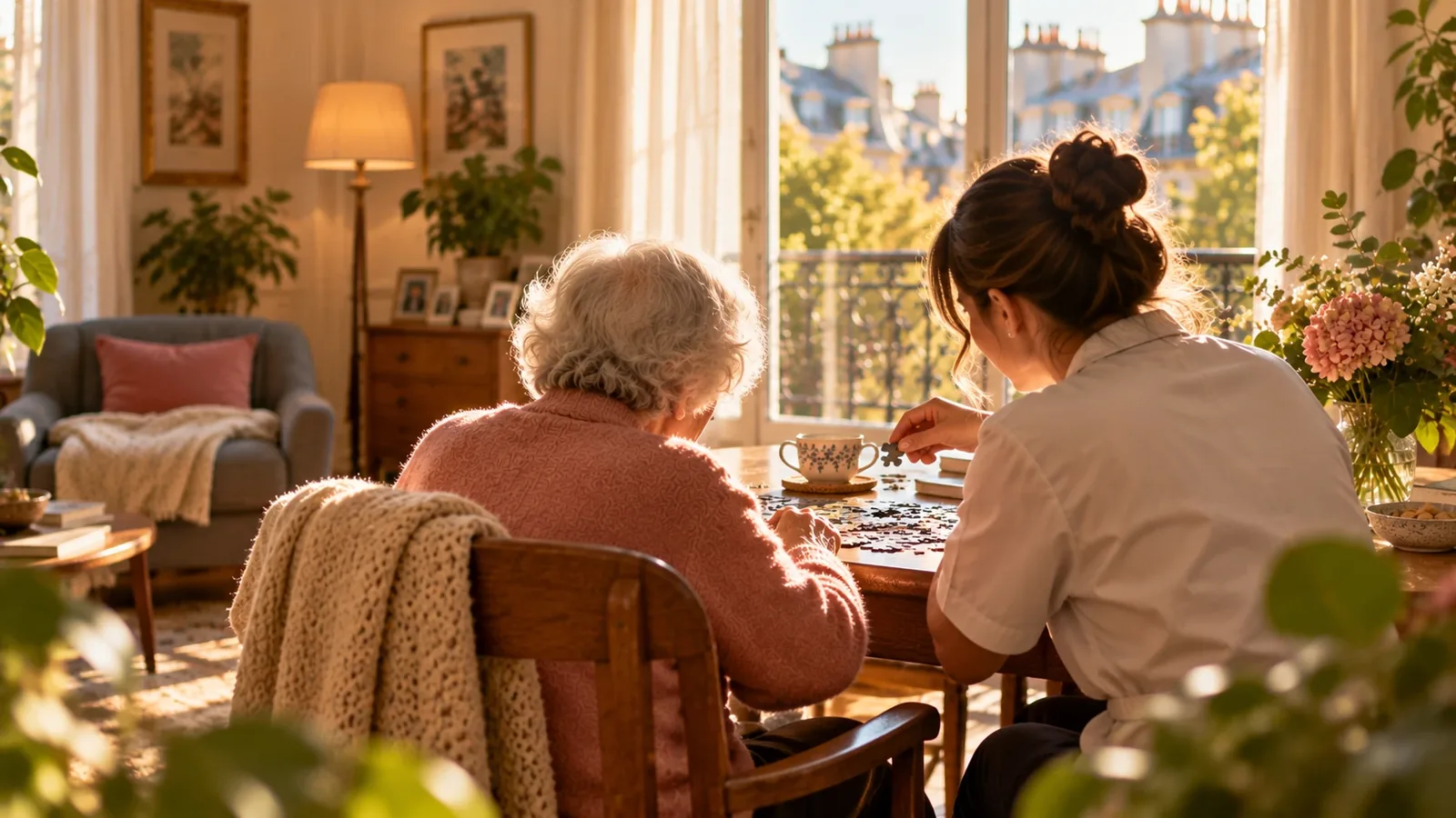 Personne âgée et intervenante faisant un puzzle ensemble à table Personne âgée et intervenante faisant un puzzle ensemble à table