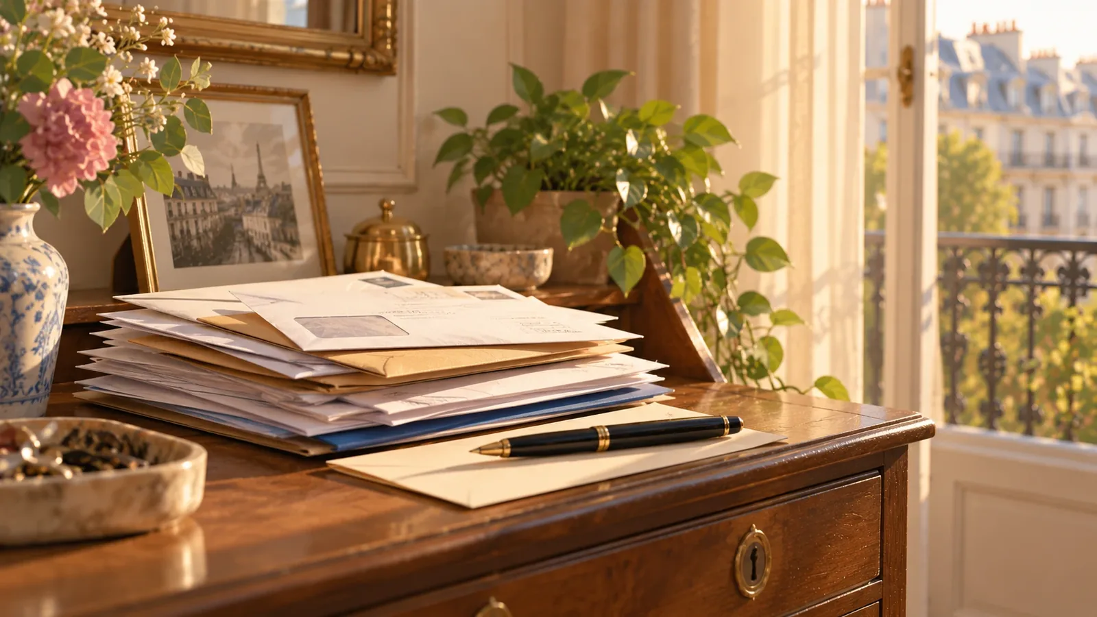 Enveloppes et courriers officiels empilés sur un secrétaire ancien, avec un stylo plume Enveloppes et courriers officiels empilés sur un secrétaire ancien, avec un stylo plume