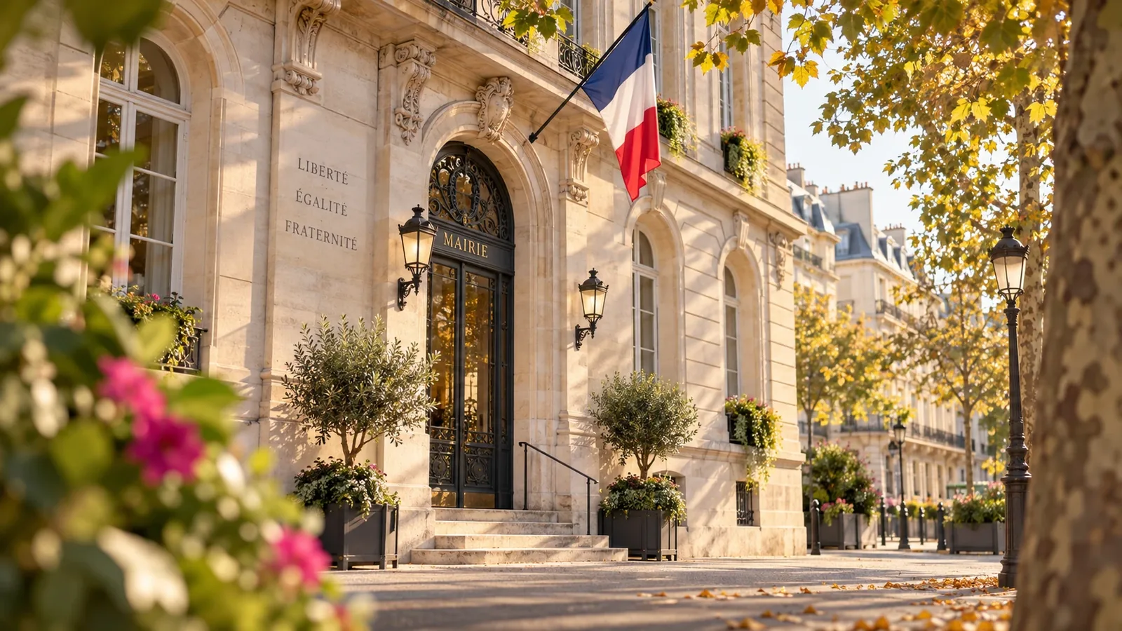 Façade d’une mairie d’arrondissement parisienne avec son drapeau tricolore Façade d'une mairie d'arrondissement parisienne avec son drapeau tricolore