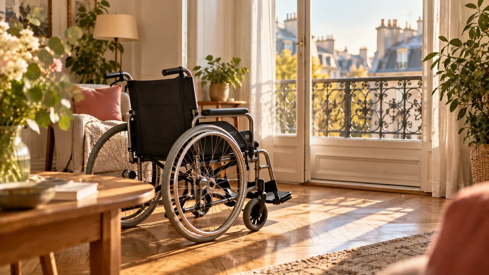 Fauteuil roulant près d’une porte-fenêtre lumineuse dans un appartement parisien Fauteuil roulant près d'une porte-fenêtre lumineuse dans un appartement parisien