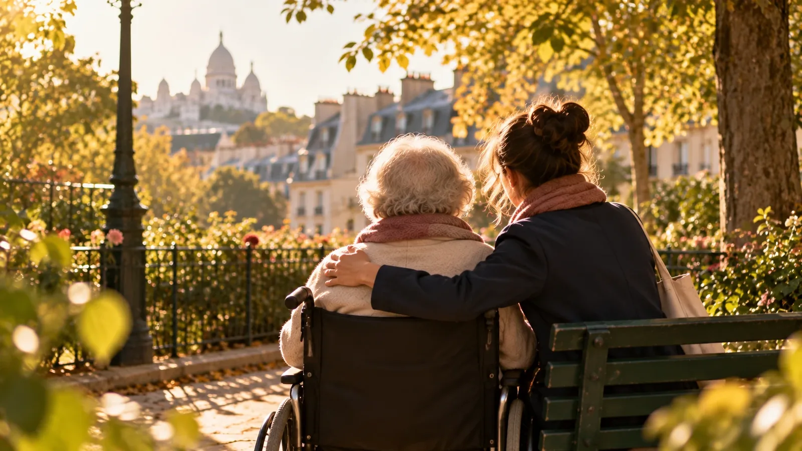 Proche poussant une personne en fauteuil roulant dans un parc parisien face au Sacré-Cœur Proche poussant une personne en fauteuil roulant dans un parc parisien face au Sacré-Cœur