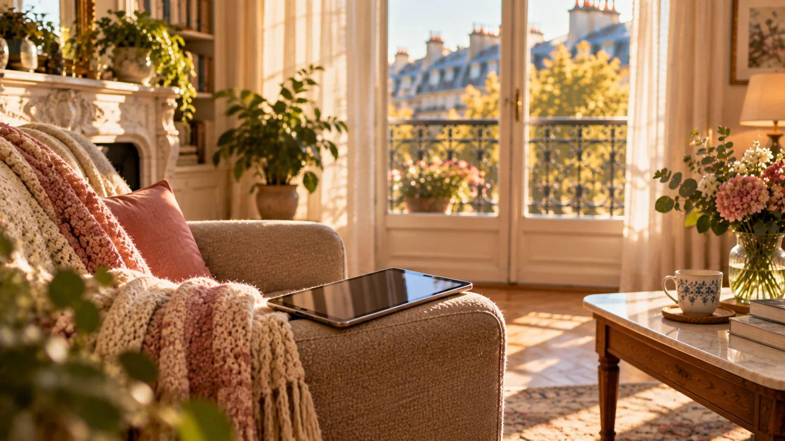 Tablette tactile éteinte posée sur l’accoudoir d’un fauteuil avec un plaid, dans un salon parisien Tablette tactile éteinte posée sur l'accoudoir d'un fauteuil avec un plaid, dans un salon parisien