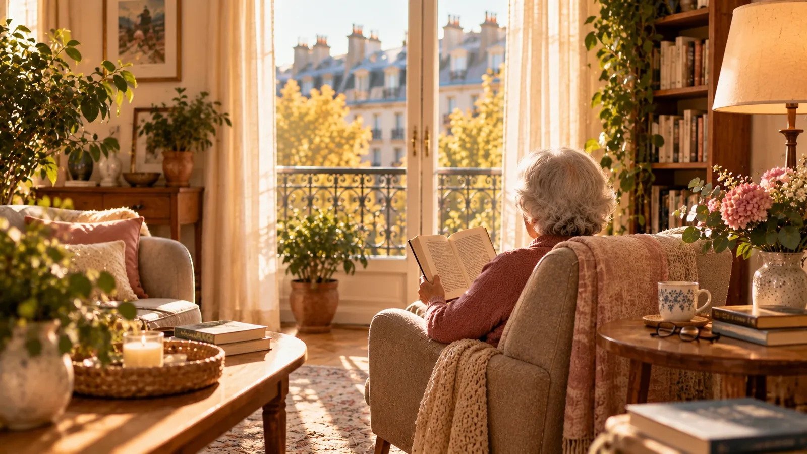 Personne âgée lisant un livre dans son fauteuil près d'une fenêtre
