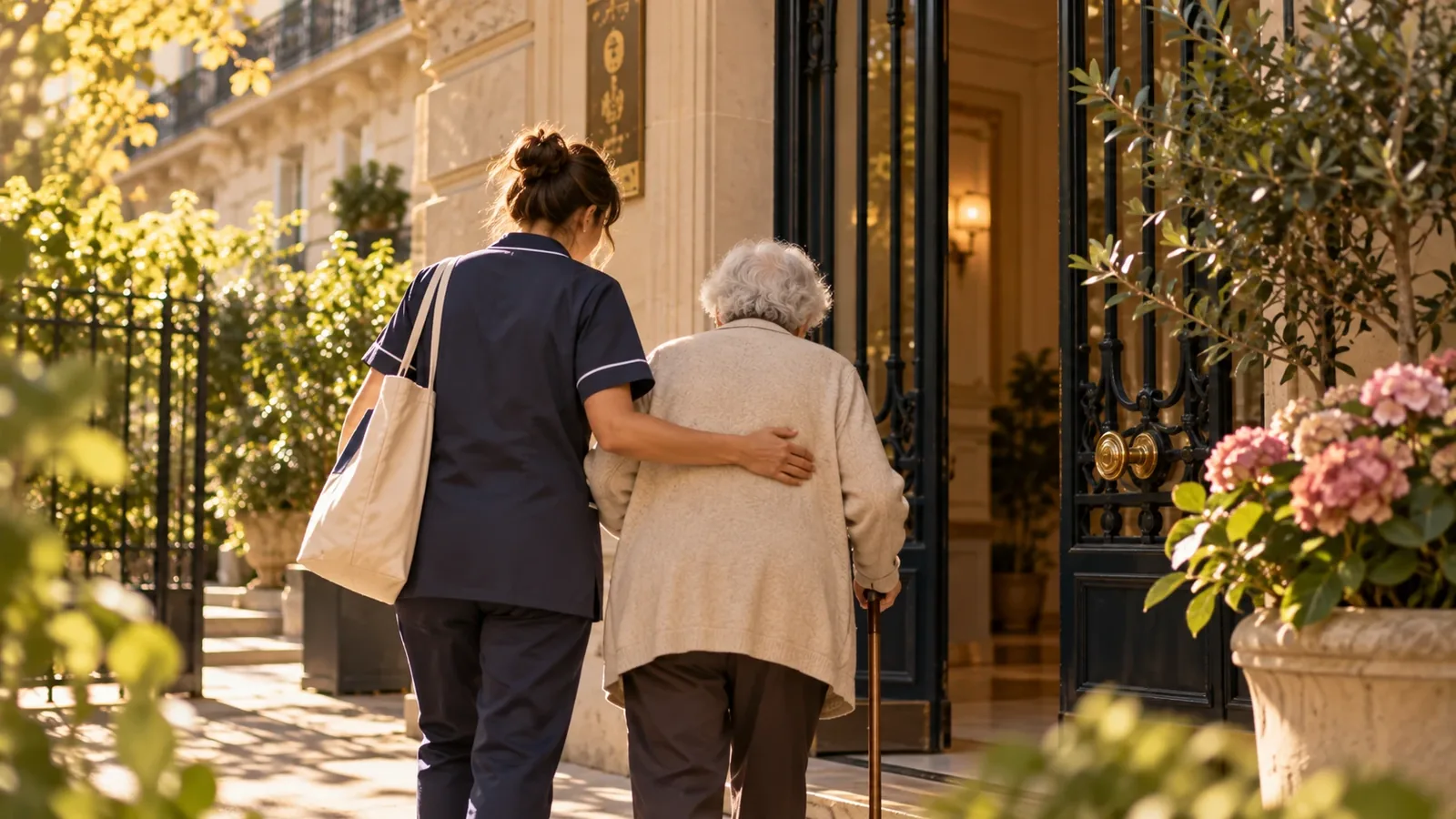 Intervenante à domicile accompagnant une personne âgée à l’entrée de son immeuble, vues de dos Intervenante à domicile accompagnant une personne âgée à l'entrée de son immeuble, vues de dos