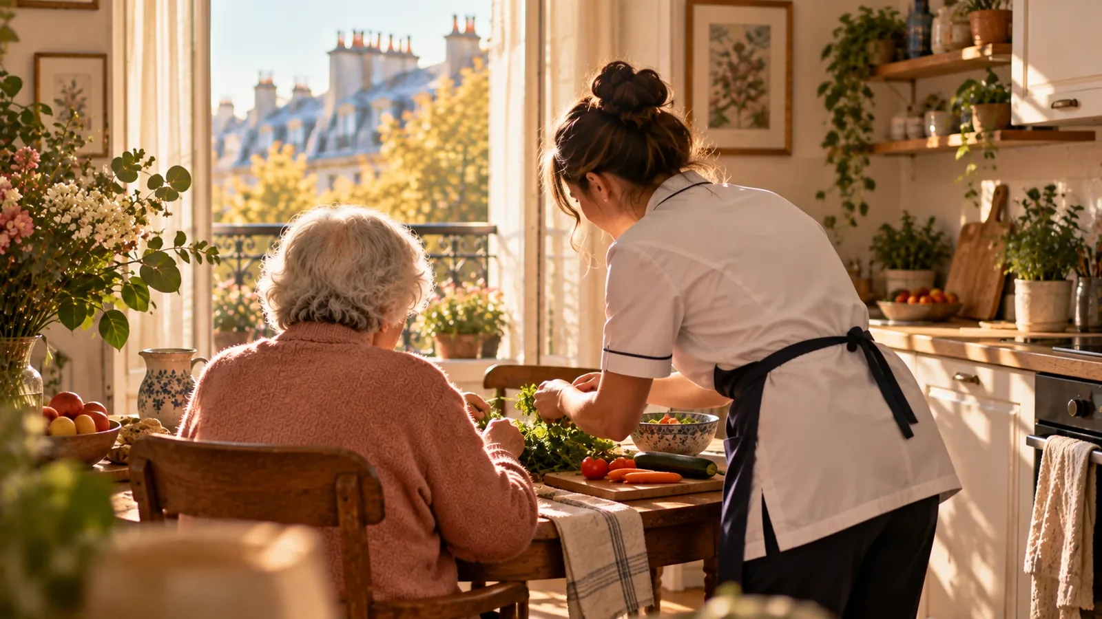 Intervenante préparant un repas dans la cuisine d'une personne âgée