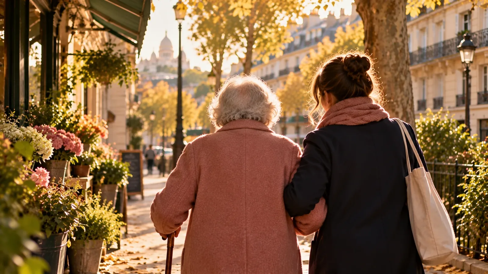 Personne âgée et sa proche marchant dans une rue parisienne en automne, vues de dos Personne âgée et sa proche marchant dans une rue parisienne en automne, vues de dos