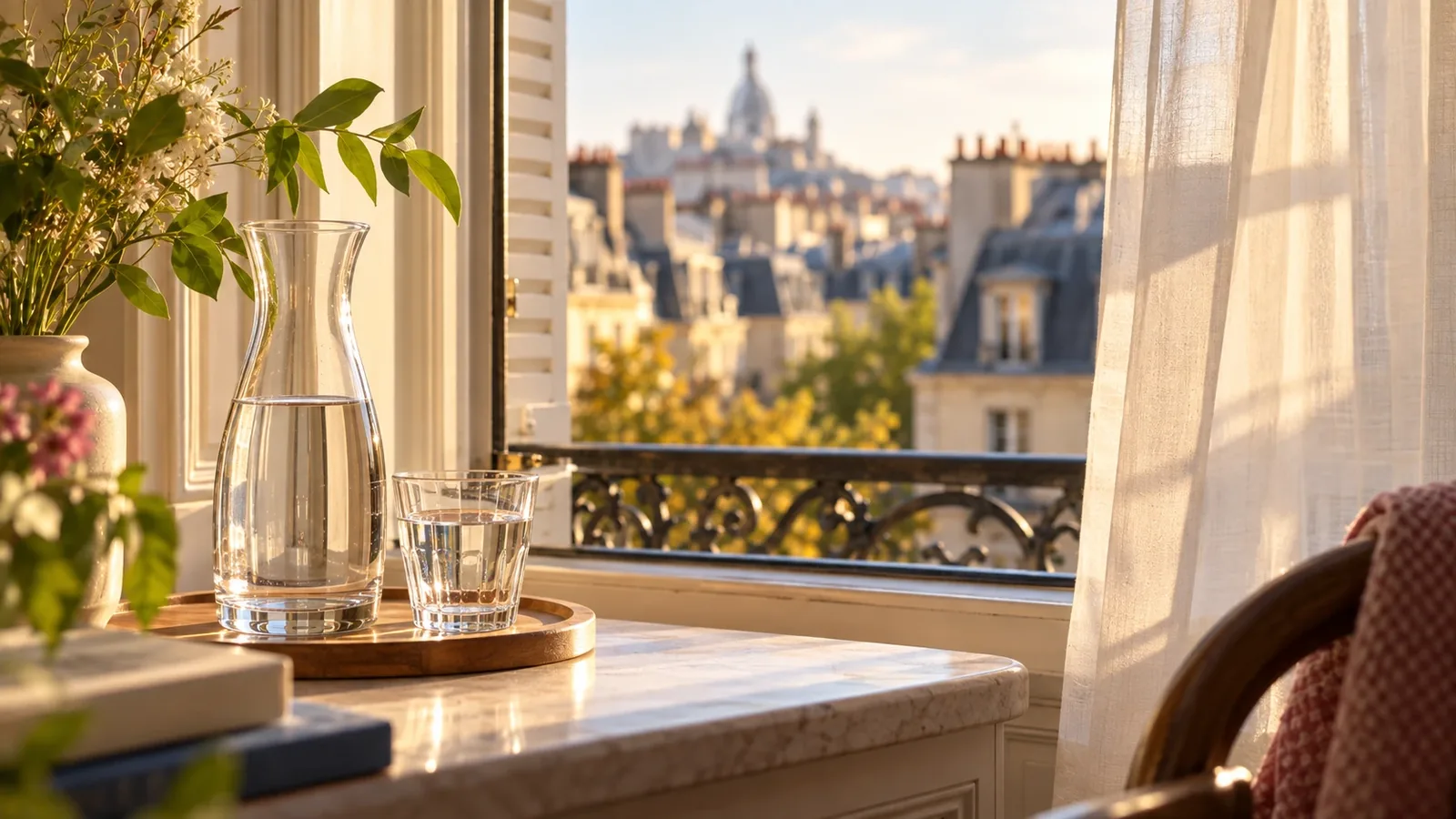 Carafe d’eau et verres près d’une fenêtre ouverte sur les toits de Paris Carafe d'eau et verres près d'une fenêtre ouverte sur les toits de Paris